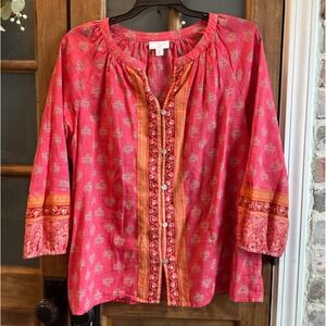 J Jill Blouse Med Coral Paisley Print Split Neck 3/4 Sleeve Cotton Boho Preppy